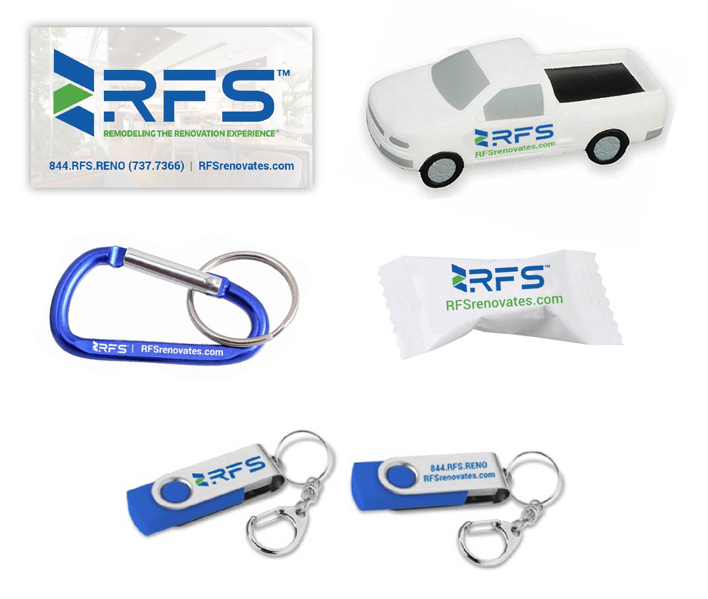 RFS logo on a business card, stress ball, caribiner, mint, and usb