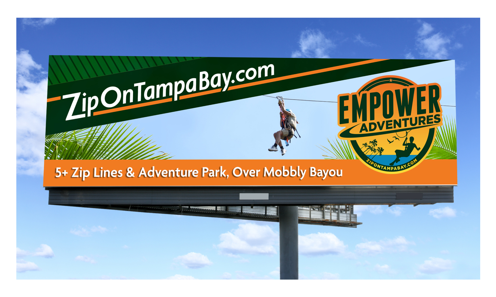 Billboard Ad for Empower Adventures showing man Ziplining