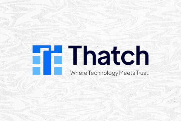 Thatch logo with blue block mark and tagline Where Technology Meets Trust