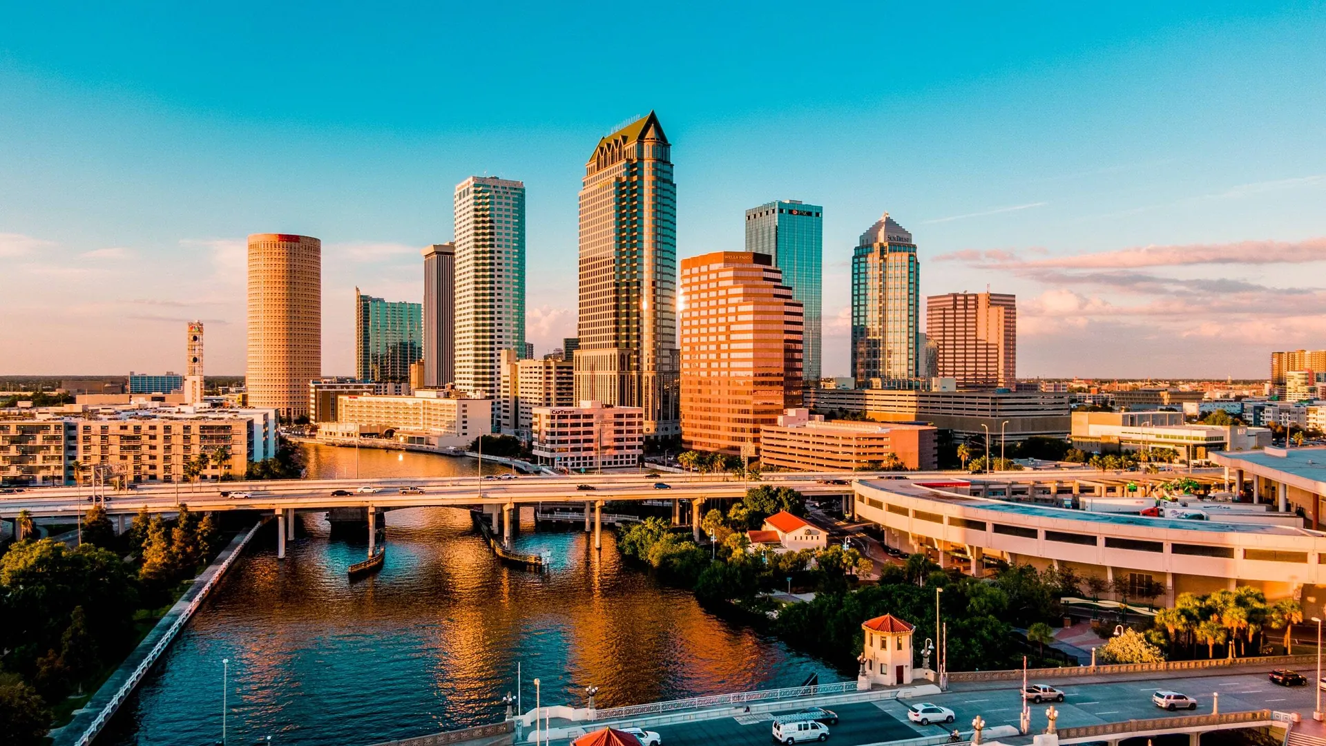 Downtown Tampa skyline and bridges at sunset