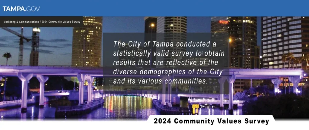 City of Tampa 2024 Community Values Survey graphic over a night photo of a lit bridge