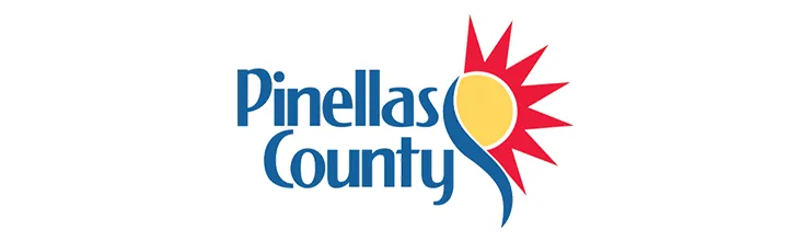 Pinellas County logo with a blue wordmark and a red and yellow sun