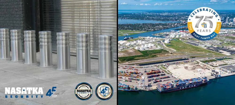 Collage of steel security bollards and an aerial port photo with a 75 years badge, Nasatka Security