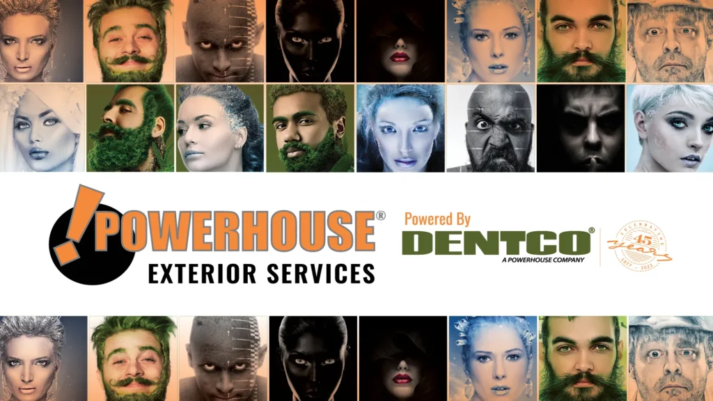 Powerhouse Exterior Services digital ad with a grid of stylized portrait faces, Powered by Dentco