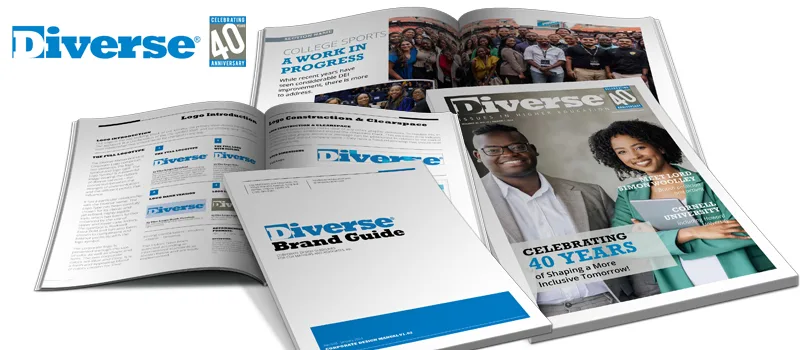 Open Diverse magazine spread and brand guide showing people on the pages