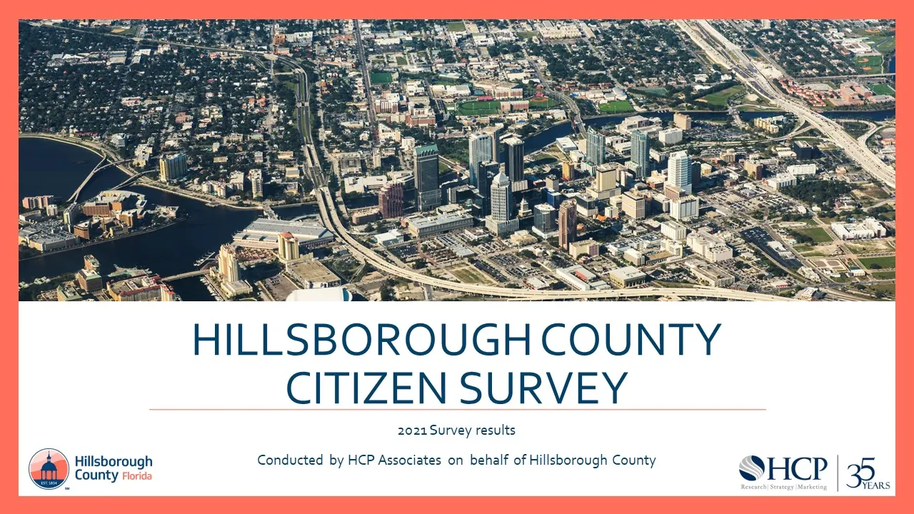 Hillsborough County Citizen Survey 2021 results cover with an aerial photo of Tampa