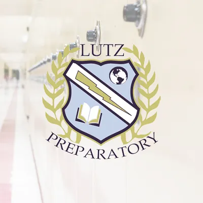 Lutz Preparatory school crest over a faded hallway photo