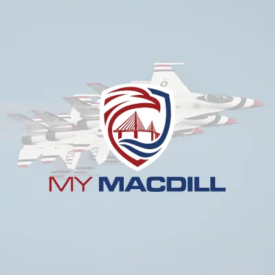 My MacDill logo over faded fighter jets