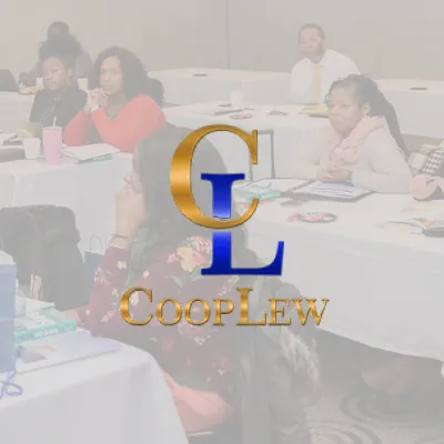 CoopLew logo over a faded photo of a classroom training session