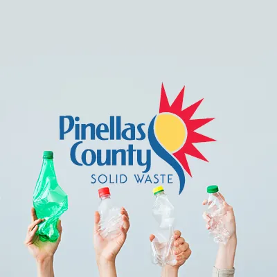 Pinellas County Solid Waste logo above hands holding plastic bottles for recycling
