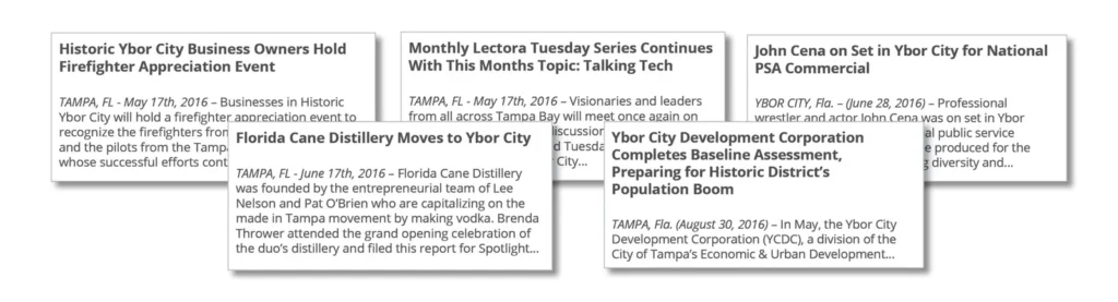 Ybor City Development Corporation newsletter page with several news articles