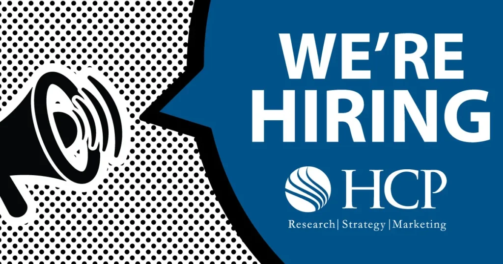 We're Hiring graphic with the HCP Associates logo and a megaphone