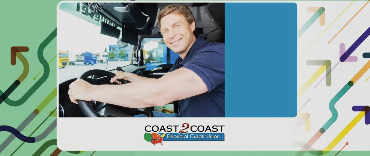 Smiling bus driver at the wheel on a Coast2Coast graphic with colorful arrows