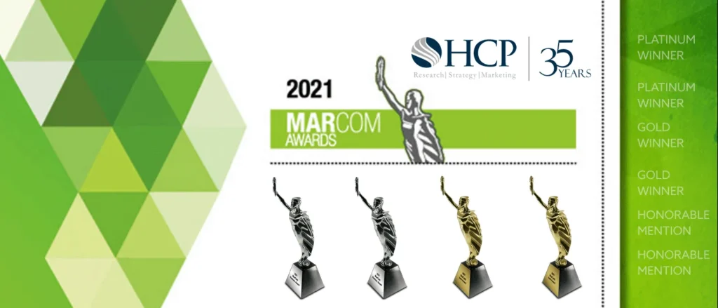 HCP Associates 2021 MarCom Awards graphic with four award statuettes