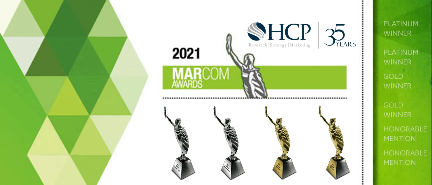 HCP Associates 2021 MarCom Awards graphic with four award statuettes