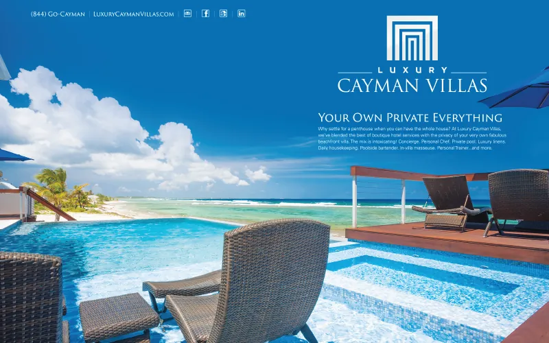 Luxury Cayman Villas web banner with a pool and lounge chairs, Your Own Private Everything