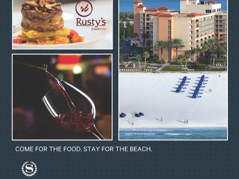 Four photo ad with a plated dish, a hotel on the beach, a wine pour and beach chairs, Come for the Food