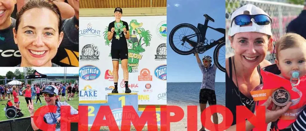 Heather McHugh in a collage of triathlon and race photos with the word Champion