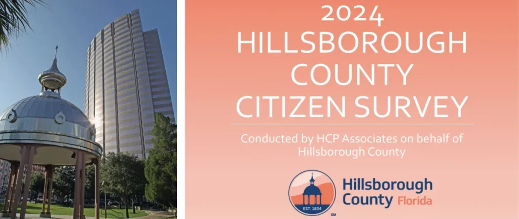 Hillsborough County 2024 Citizen Survey graphic with a gazebo and tower photo