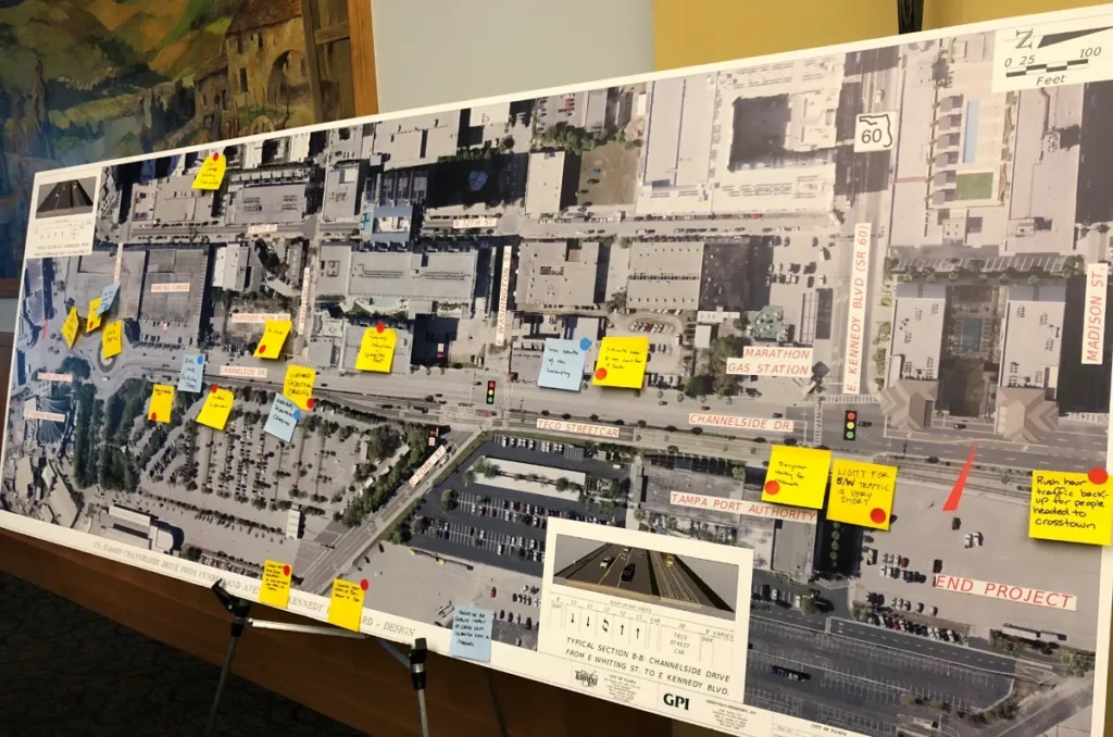 First community meeting for the Channelside Drive Project, with an aerial map covered in sticky notes