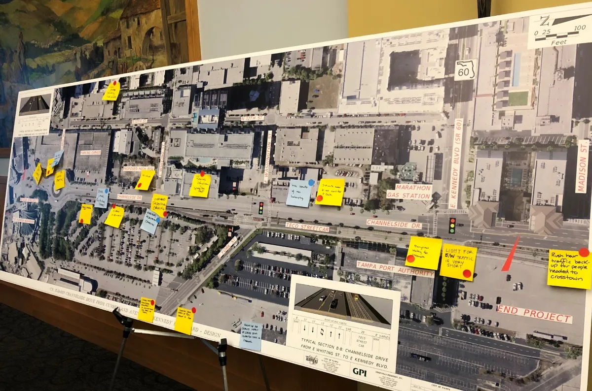 First community meeting for the Channelside Drive Project, with an aerial map covered in sticky notes
