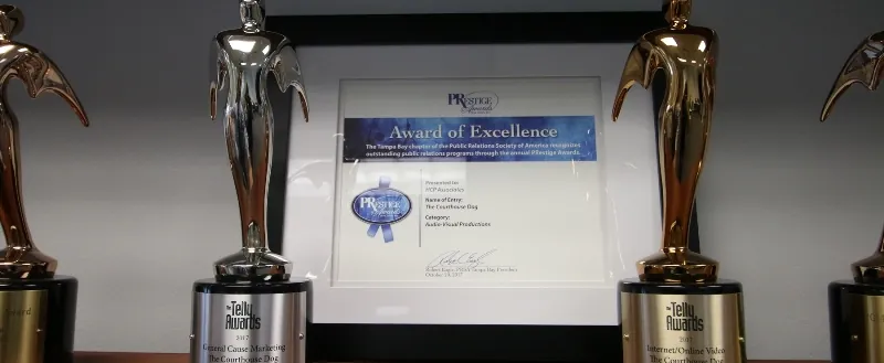 Framed award certificate displayed between silver winged award statuettes