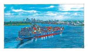 Illustrated artwork of Port Tampa Bay with cargo ships and the Tampa skyline