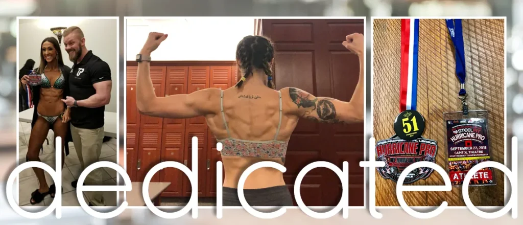 Fitness collage with the word Dedicated across photos of a woman posing and a medal
