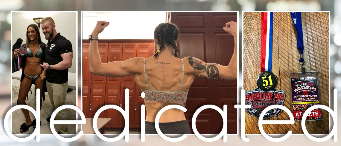 Fitness collage with the word Dedicated across photos of a woman posing and a medal