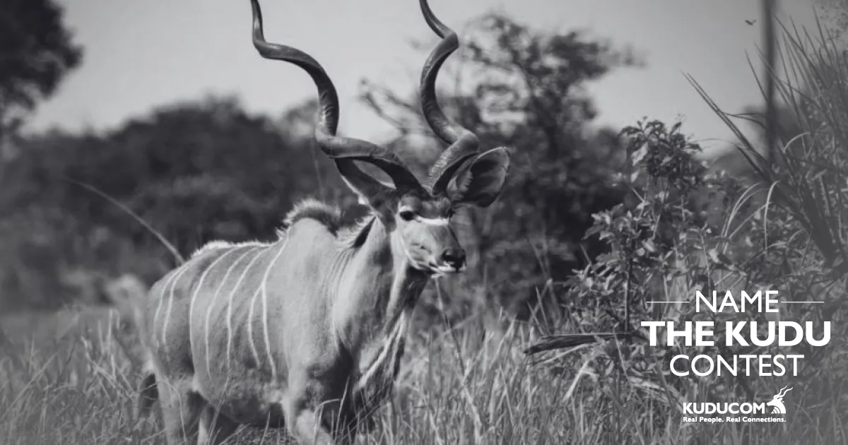 Black and white photo of a kudu antelope with the text Name the Kudu Contest and Kuducom logo
