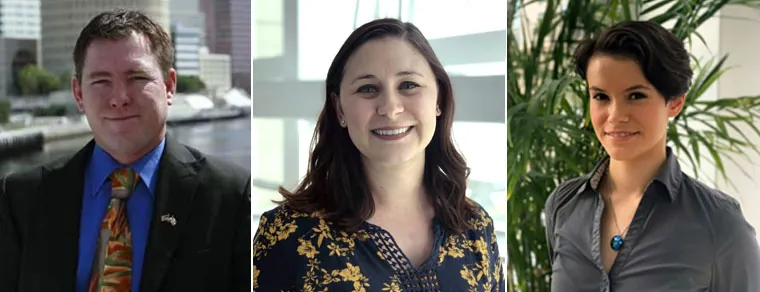 Three headshots of new team members: a man in a suit and tie and two women