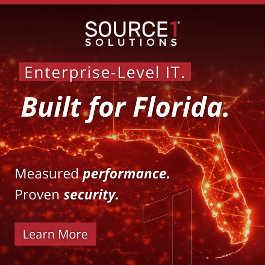 Source1 Solutions ad, Enterprise-Level IT. Built for Florida. Measured performance. Proven security.