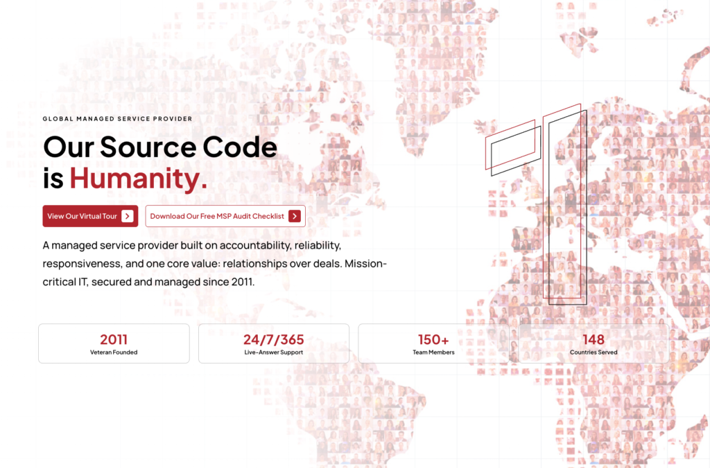 Source1 Solutions website section, Our Source Code is Humanity, over a red dotted world map