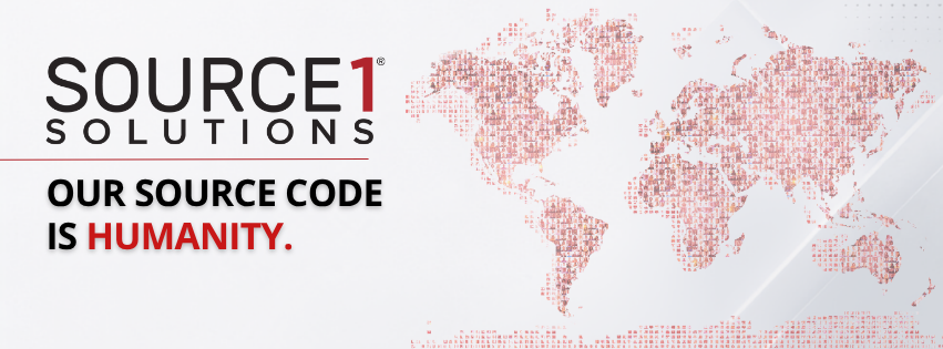Source 1 Solutions banner reading Our Source Code Is Humanity beside a red dotted world map