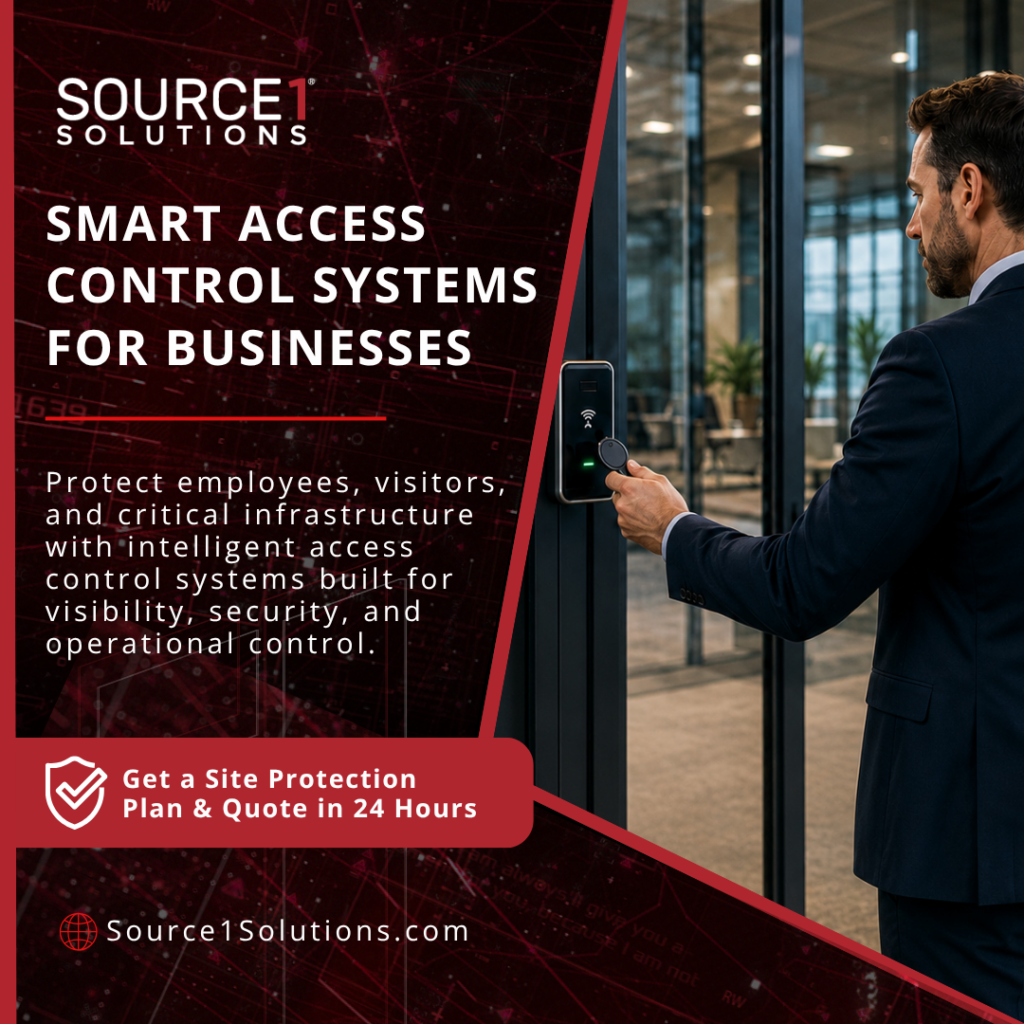 Source1 Solutions ad, Smart Access Control Systems for Businesses, with man using phone at door