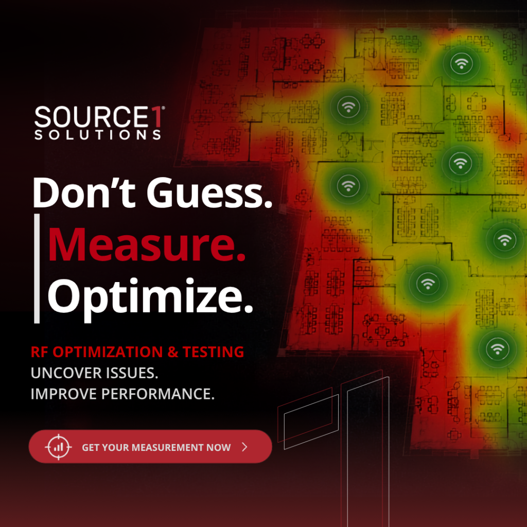 Source1 Solutions ad, Don't Guess. Measure. Optimize., with RF signal heat map