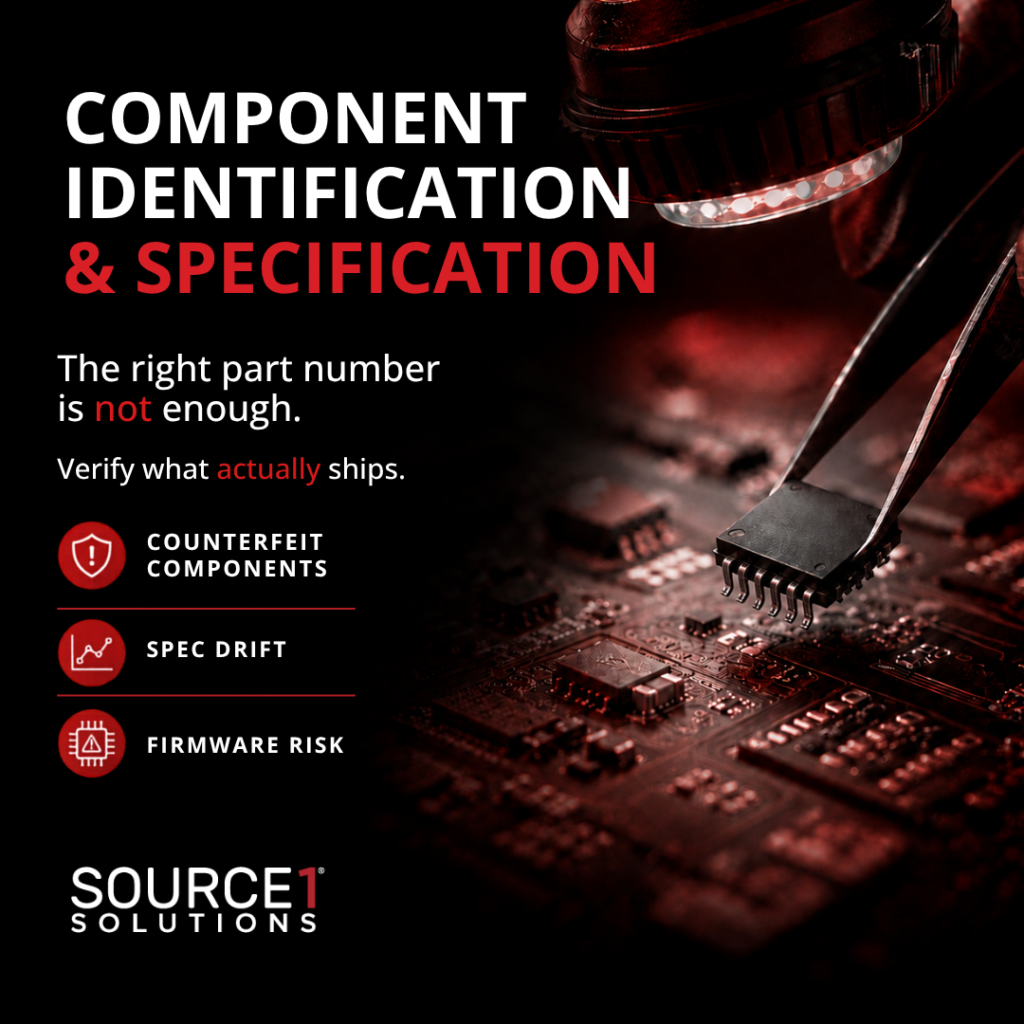 Source1 Solutions ad, Component Identification & Specification, with tweezers on a circuit board