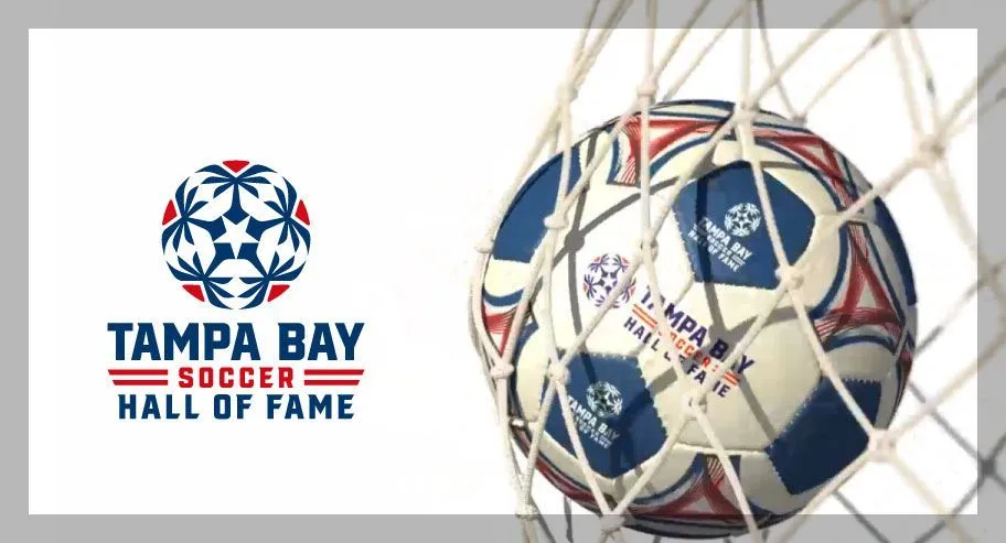 Tampa Bay Soccer Hall of Fame logo beside a soccer ball in a net