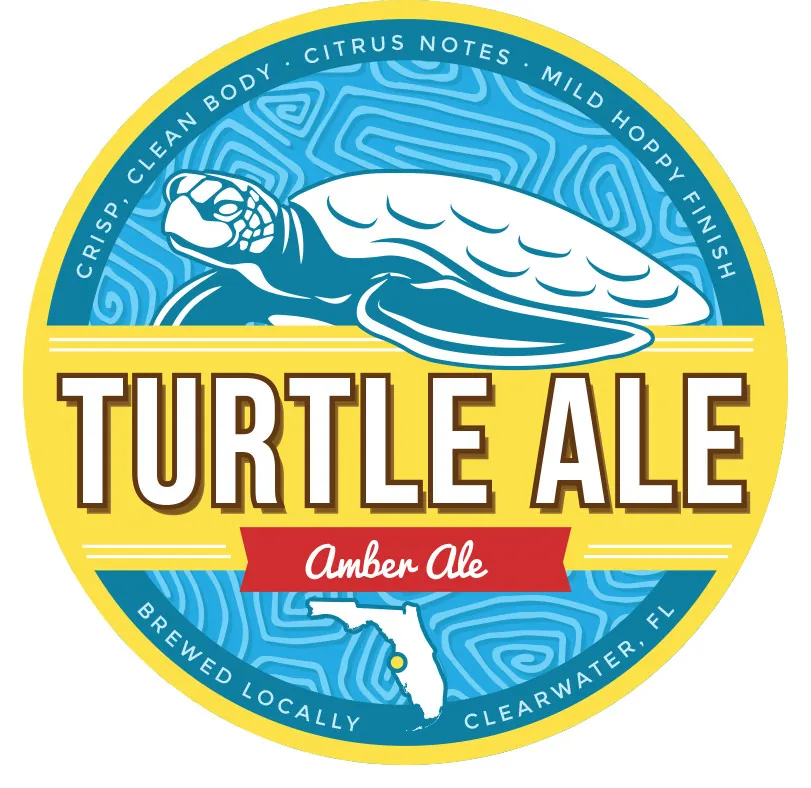 Turtle Ale Amber Ale round label with a sea turtle, brewed locally in Clearwater, FL
