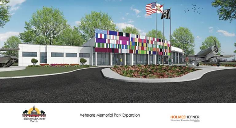 Concept drawing of the Veterans Memorial Park Expansion with a white building and flagpoles