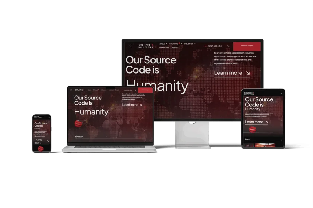 Source 1 Solutions website on desktop, laptop, tablet and phone, headline Our Source Code is Humanity
