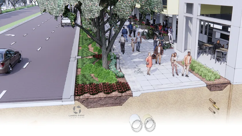 Illustration of a complete street cross section with trees, bike lane and people walking