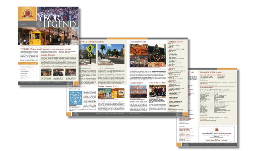 Mockups of Ybor Legend print newsletter materials