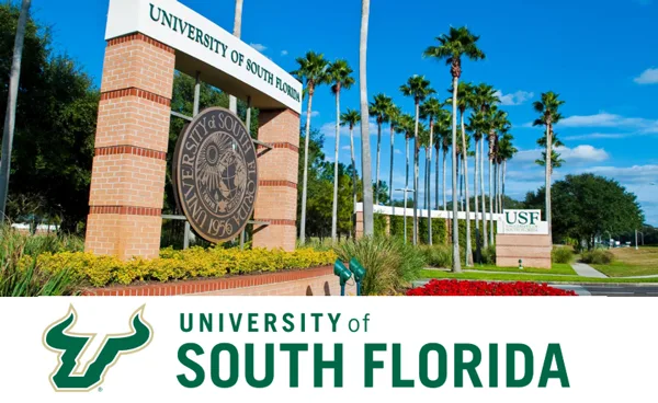 University of South Florida logo beneath a photo of the campus entrance sign and palm trees