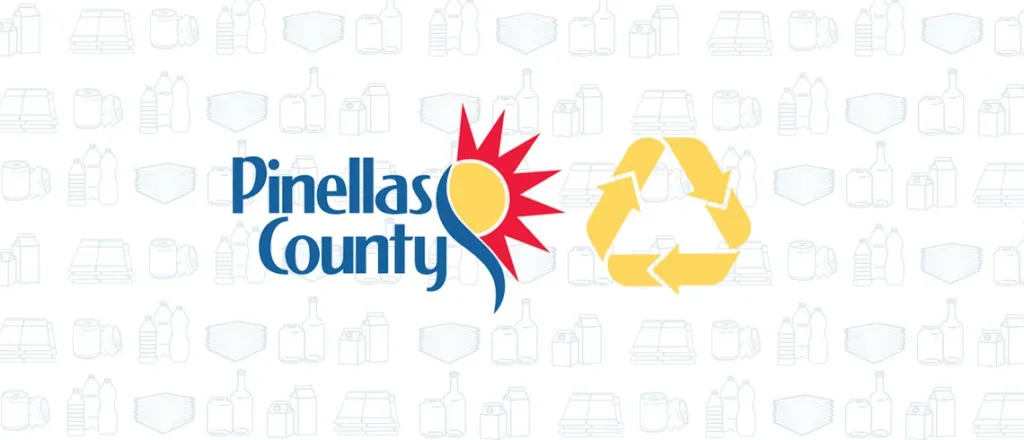 Pinellas County logo with a yellow recycling symbol over a faded pattern of recyclable items