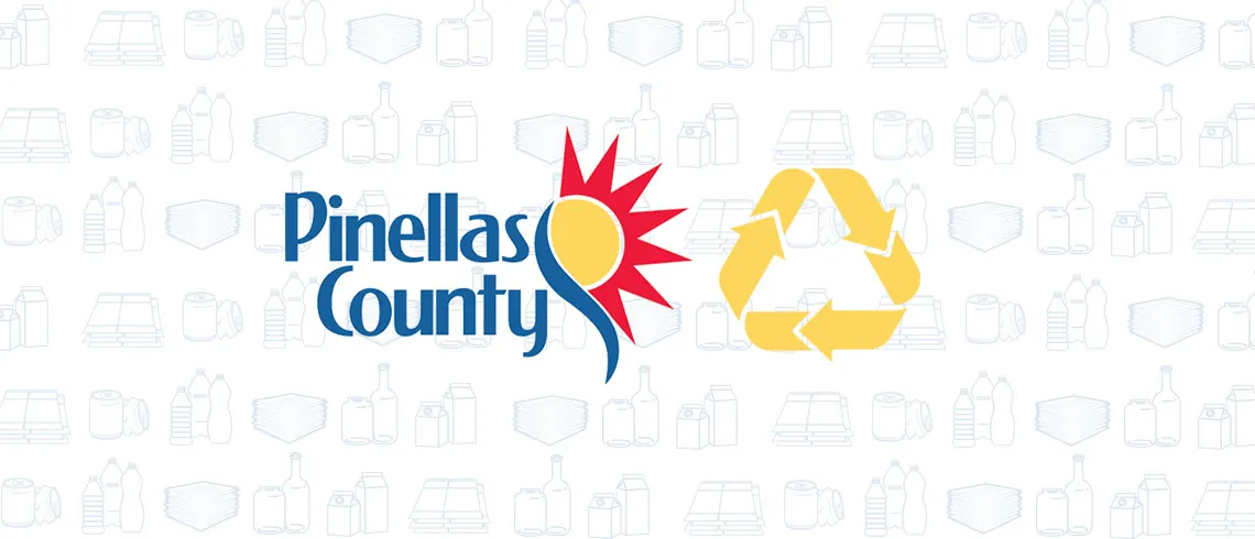 Pinellas County logo with a yellow recycling symbol over a faded pattern of recyclable items