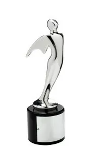 Silver Telly Award statuette on a black base