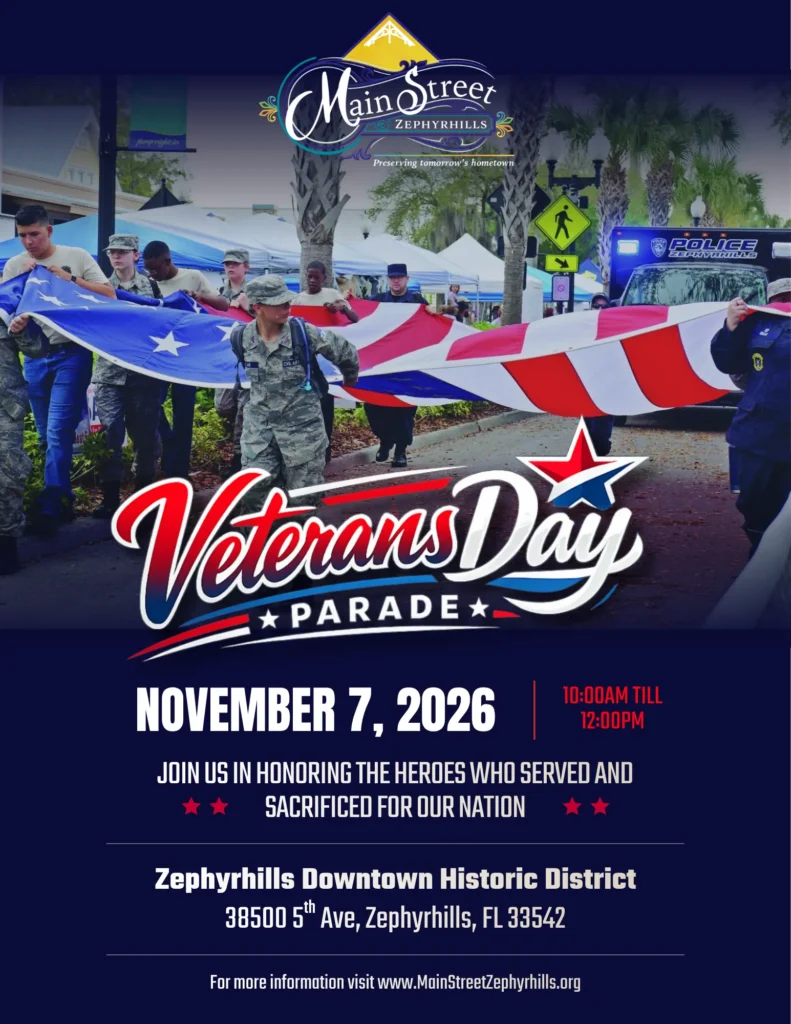 Main Street Zephyrhills Veterans Day Parade flyer, November 7, 2026