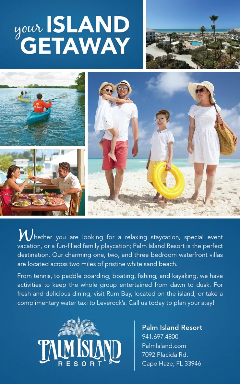 Palm Island Resort ad headed 'your Island Getaway' with a family on the beach and kayakers