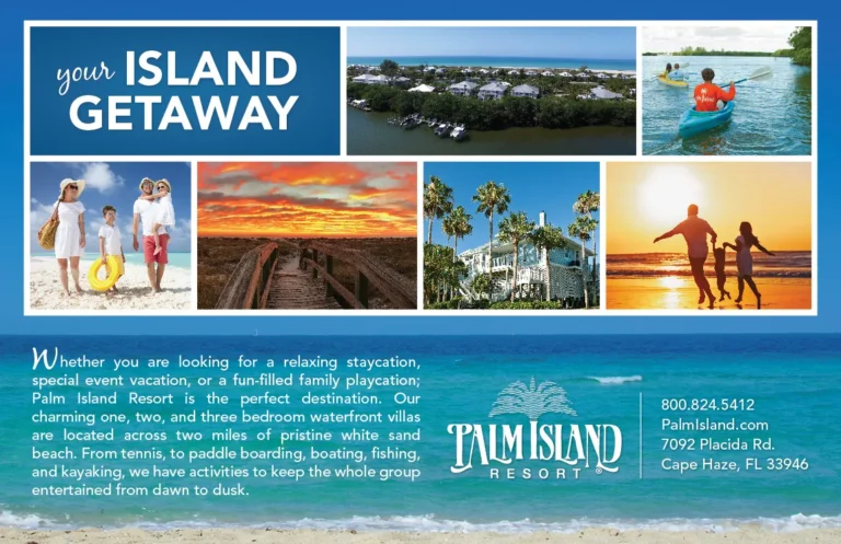 Palm Island Resort ad headed 'your Island Getaway' with beach, kayak, and sunset photos
